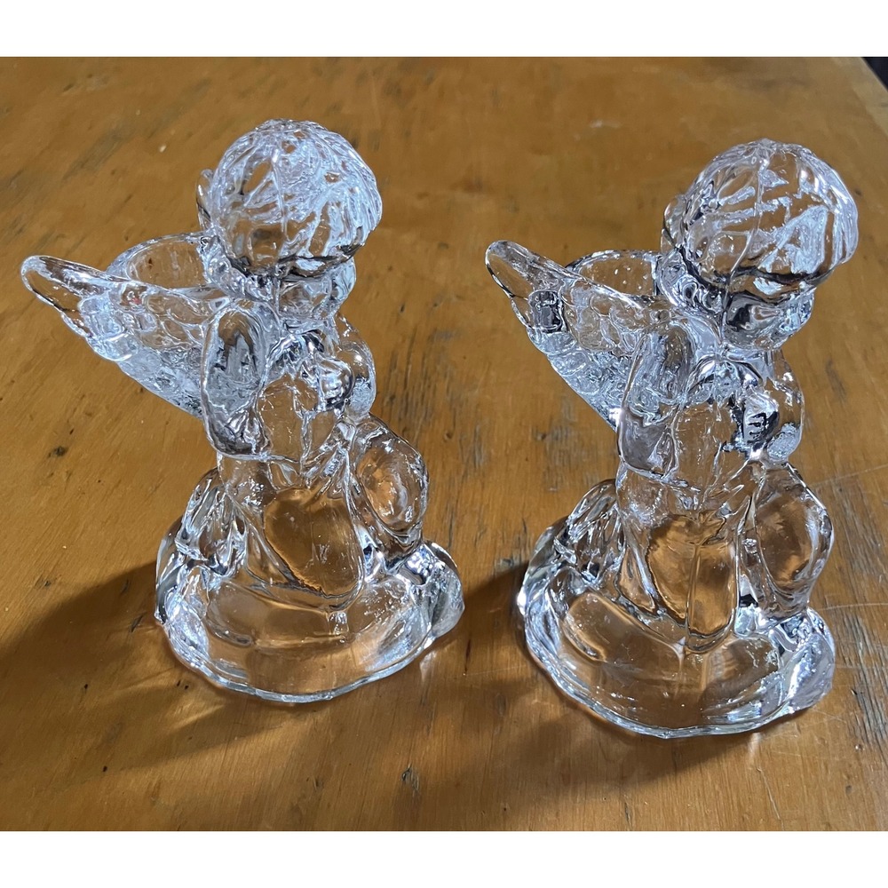 Angel Candle Holder Set Clear Glass Christmas Holiday Cherub Pair Figurines